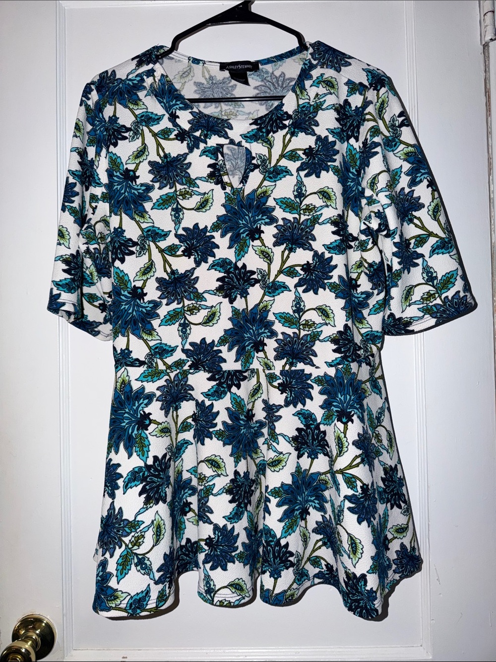 Ashley Stewart White Tunic with Blue Floral Print